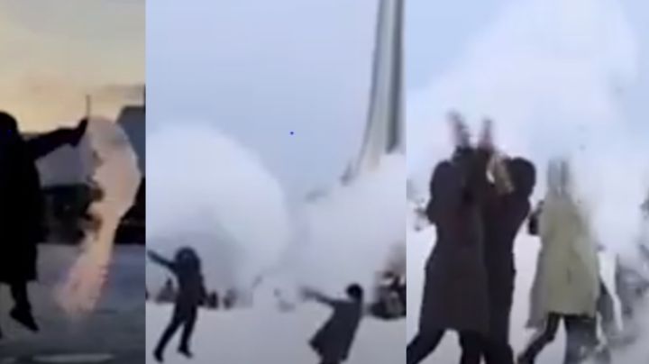 ¡Impresionante! Ciudadanos lanzan agua hirviendo y se congela ante las bajas temperaturas