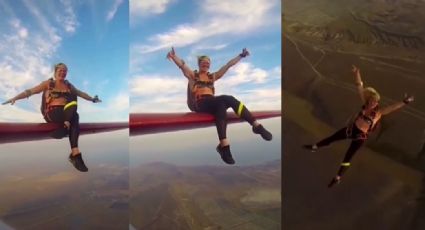 VIDEO: Mujer pasea sobre el ala de una avioneta y se lanza con paracaídas