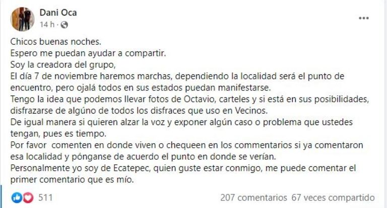 Convocatoria para marcha de Octavio Ocaña 