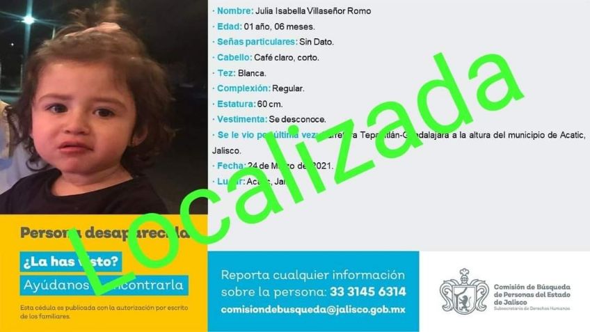 Hallan con vida a Julia Villaseñor, menor de un año desaparecida con su familia en Jalisco