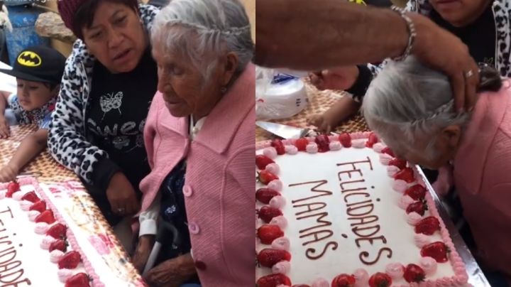 "¡Mordida, mordida!": Con fuerza empujan a 'abuelita' a su pastel y sale mal