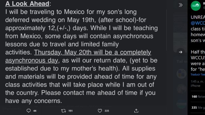 Maestra de EU avisa que irá a la boda de su hijo a México y dejará tarea en lugar de clases
