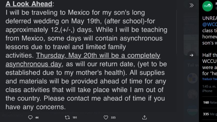 Maestra de EU avisa que irá a la boda de su hijo a México y dejará tarea en lugar de clases