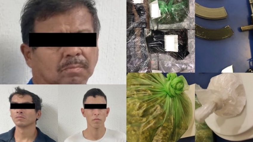 Arrestan a tres sujetos armados en Ciudad Obregón; portaban un 'cuerno de chivo' y drogas