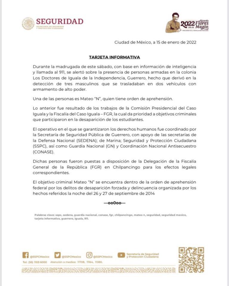 En la imagen, el comunicado de la SSPC sobre la detención de Mateo 'N', alias 'El Gordo', presunto implicado en la desaparición de los 43 de Ayotzinapa