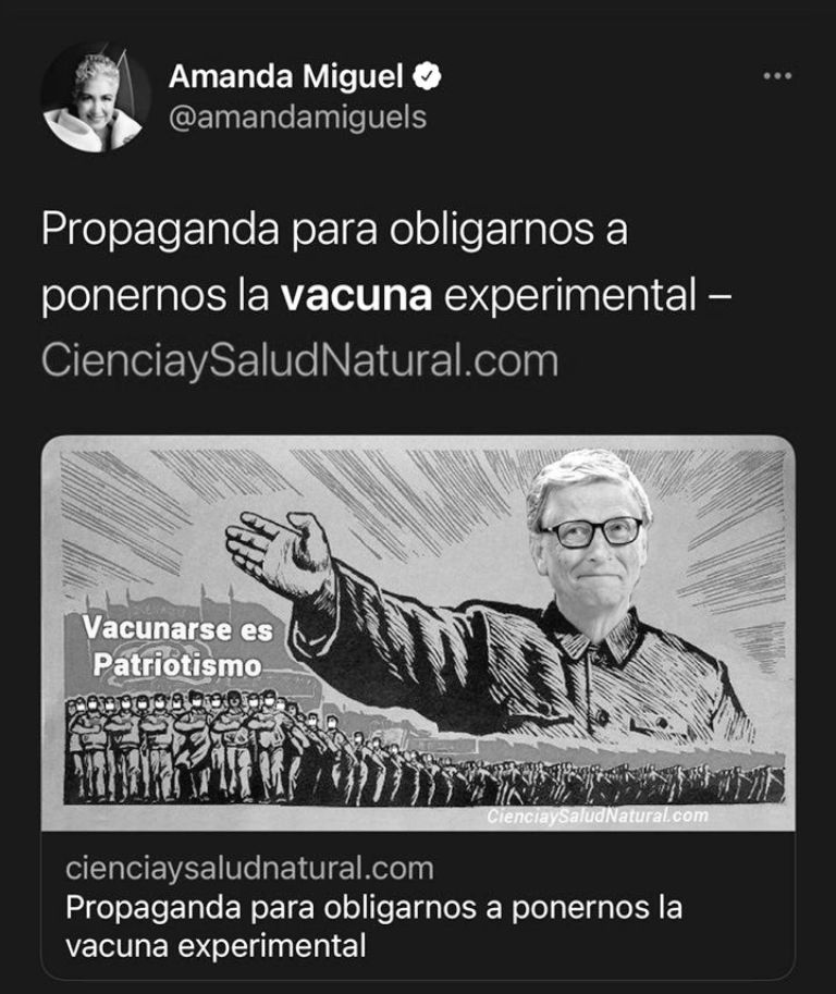 En la imagen, otra de las declaraciones de Amanda Miguel sobre la vacuna contra el Covid-19
