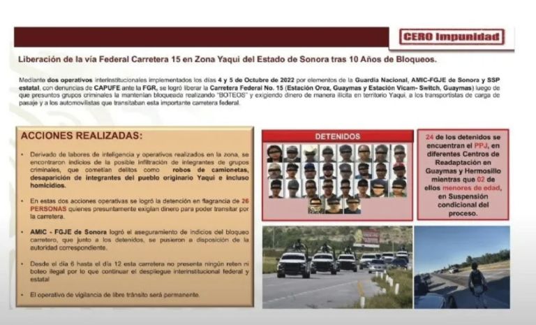 SSPC informó sobre los detenidos tras retiros de bloqueos carreteros en Sonora. Foto: Gobierno de México