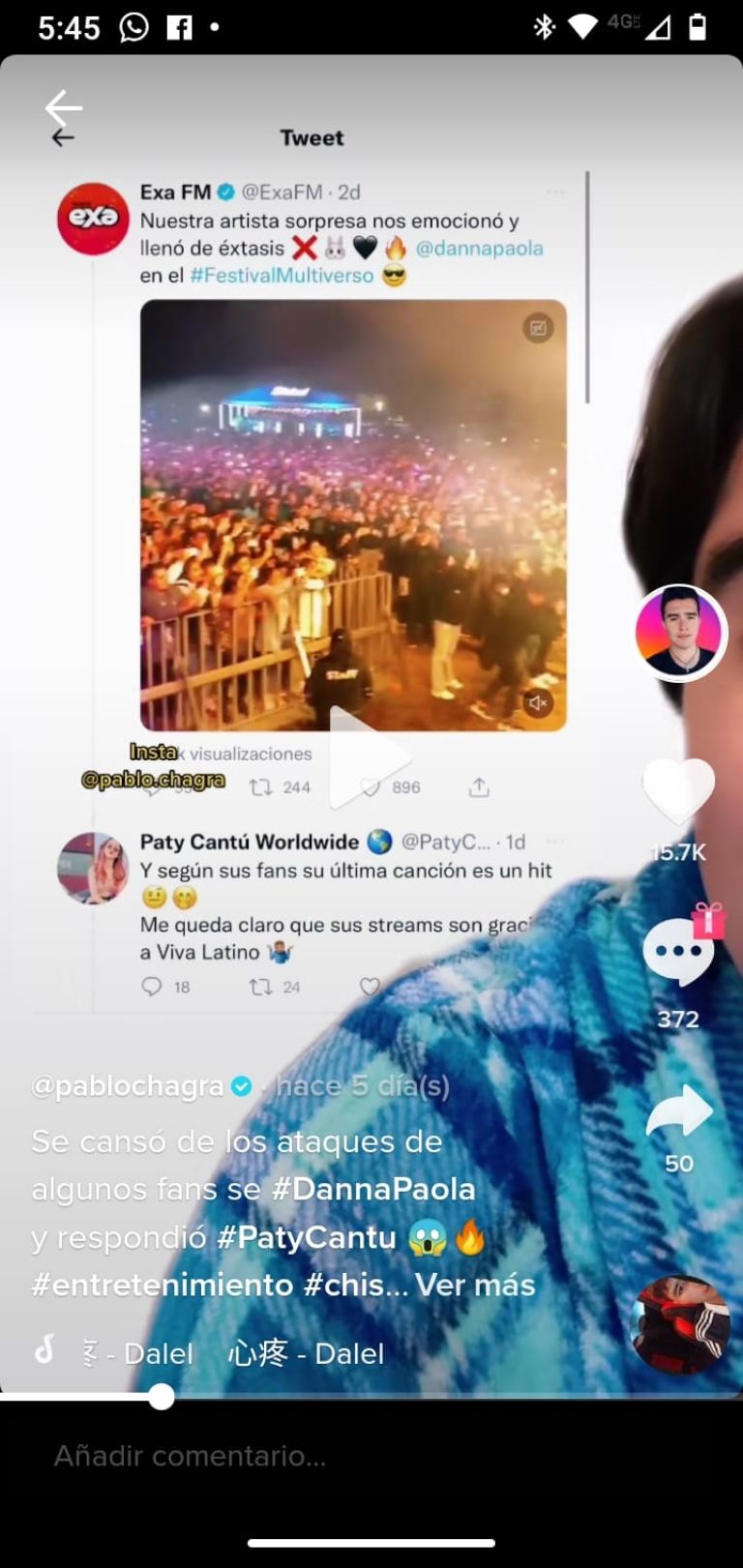 Pablo Chagra tuit original de Paty Cantú Worldwide