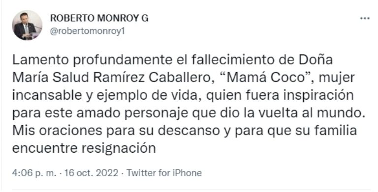 Confirman muerte de 'Mamá Coco'. Foto:Twitter