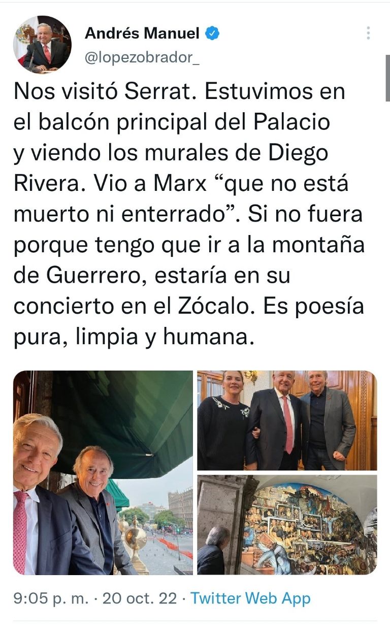 AMLO celebra encuentro con Serrat. Foto: Twitter