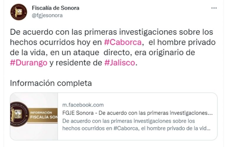 FGJE de Sonora investiga homicidio en Caborca. Foto: Twitter