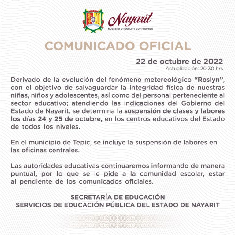 Suspenden clases en Nayarit por huracán 'Roslyn'. Foto: Twitter