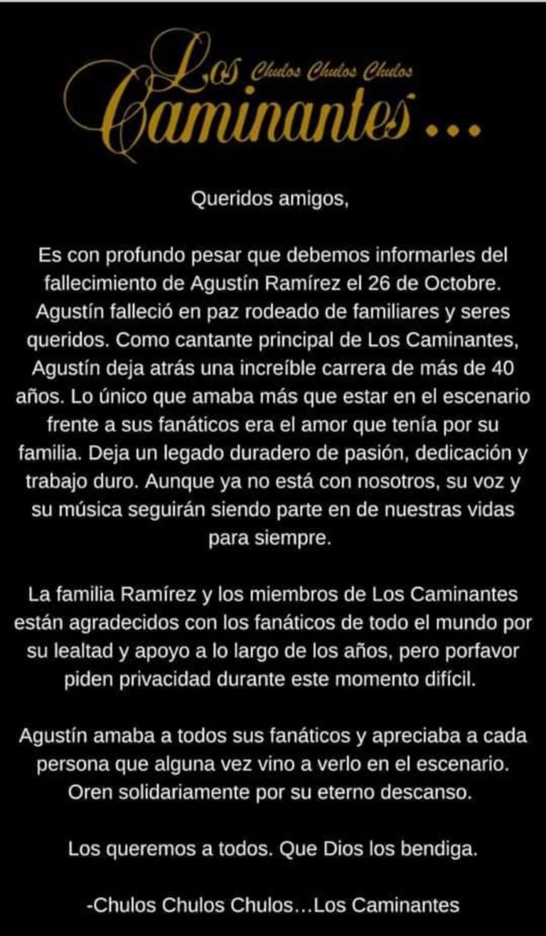 Confirman muerte del vocalista de Los Caminantes. Foto: Twitter