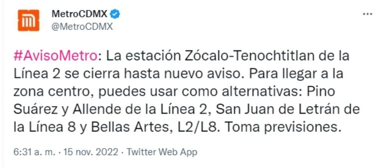 Cierran la estación Zócalo-Tenochtitlan del Metro. Foto: Twitter