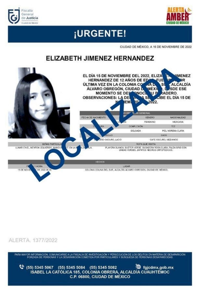 La menor Elizabeth 'J' fue encontrada con vida. Foto: Twitter