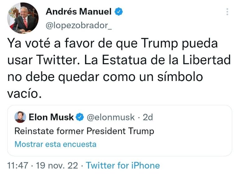 AMLO votó para que Donald Trump volviera a Twitter. Foto: Internet