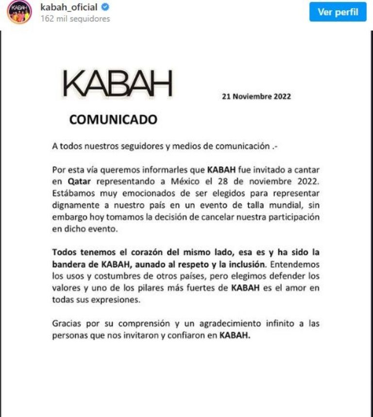 Kabah lanza comunicado