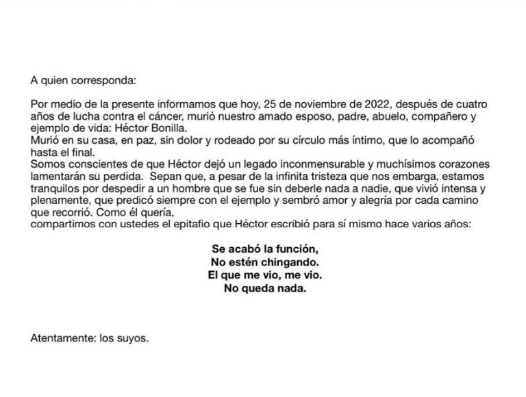 Comunicado de la familia de Héctor Bonilla