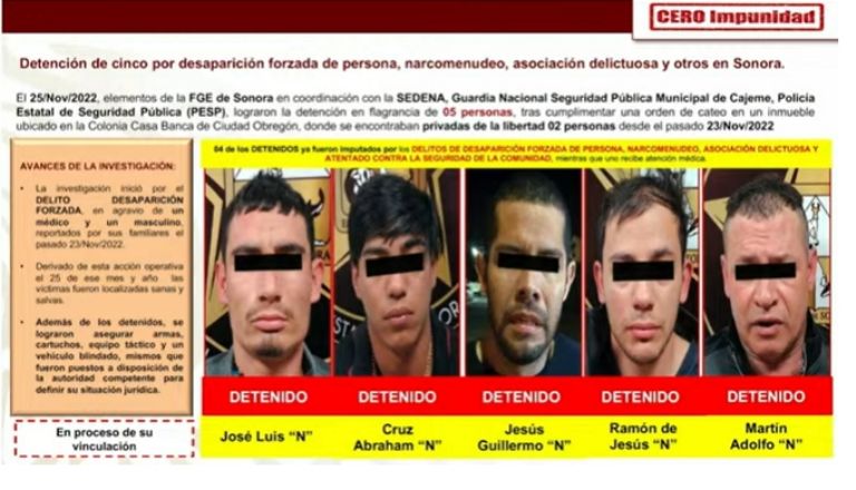 Detienen a cinco generadores de violencia en Ciudad Obregón. Foto: Gobierno de México