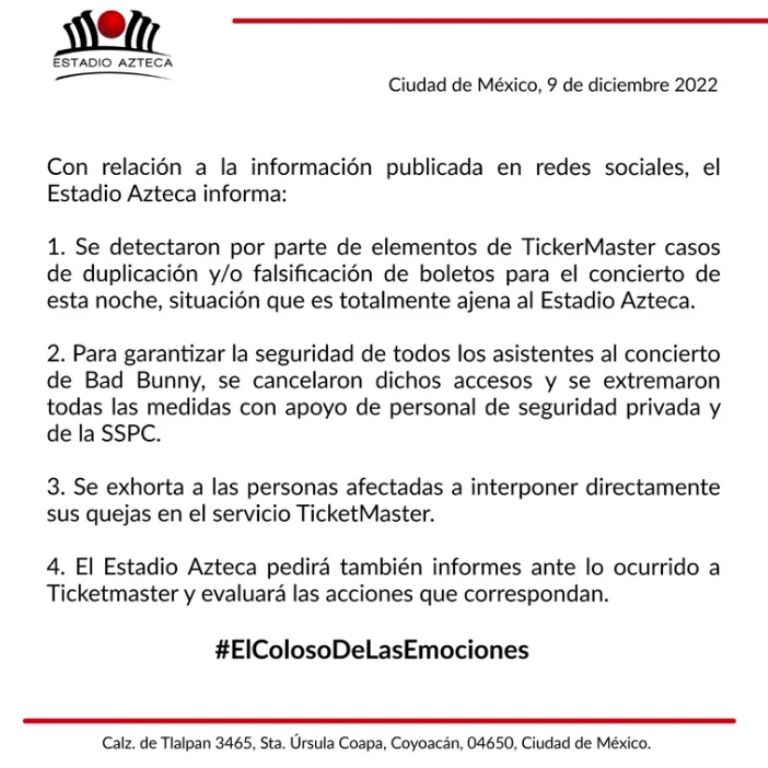 Comunicado Estadio Azteca 