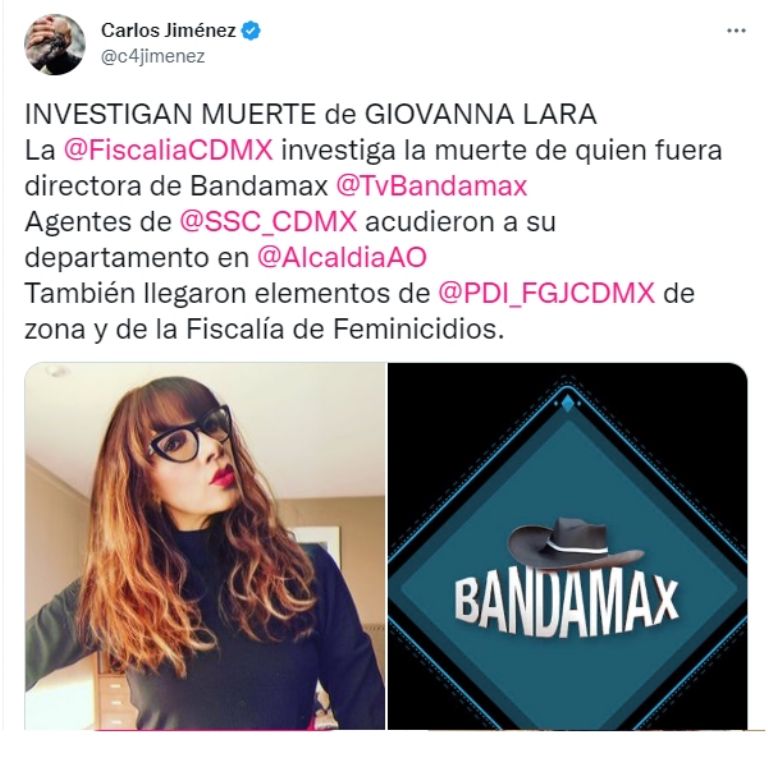 Reportan muerte de Giovanna Lara, exdirectora de Bandamax.Foto:Twittr