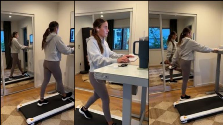 Jovencita hace ejercicio mientras trabaja