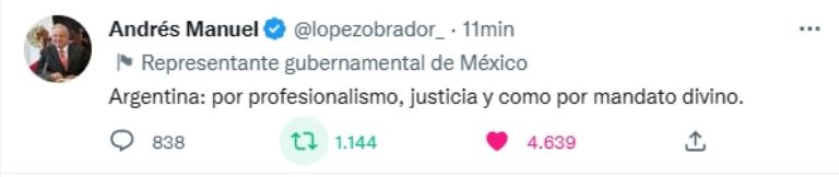 AMLO celebró la victoria de Argentina en el Mundial de Qatar 2022. Foto: Twitter