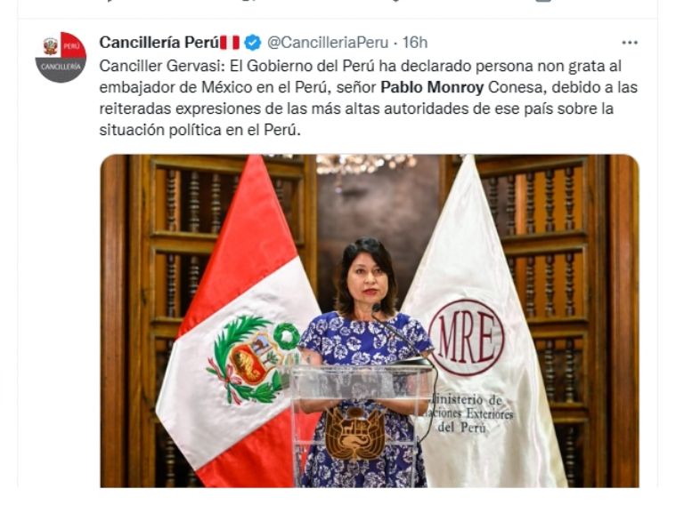 Nombran a Pablo Monroy, embajador de México en Perú, persona non grata. Foto: Twitter