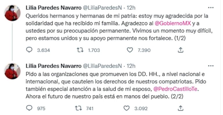 Esposa de Pedro Castillo agradece al Gobierno de México. Foto: Twitter