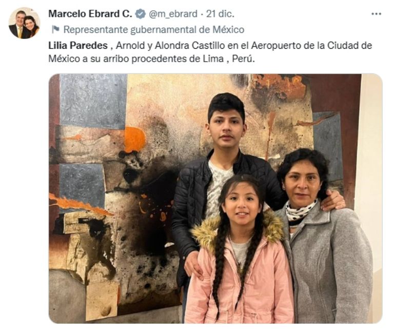La familia de Pedro Castillo llegó a México el pasado miércoles. Foto: Twitter