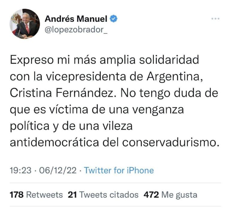 AMLO expresa apoyo a la vicepresidente Cristina Fernández. Foto: Twitter