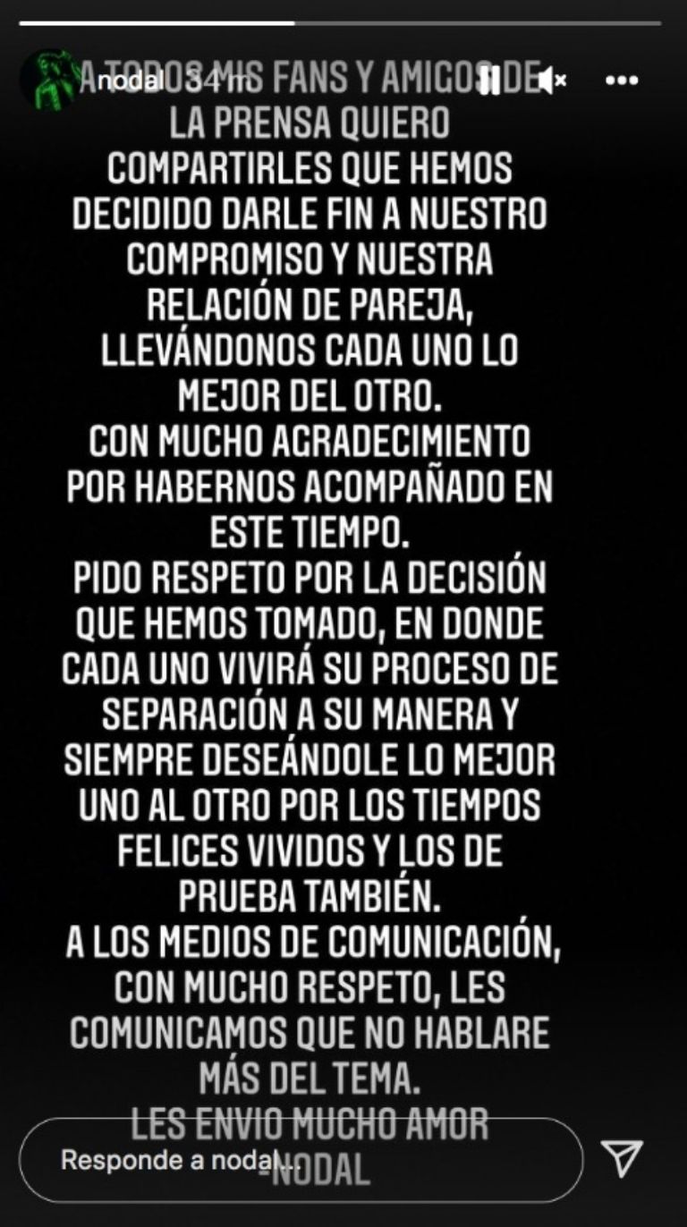 En la imagen, el comunicado de Christian Nodal en el que confirmó el fin de su relación con Belinda