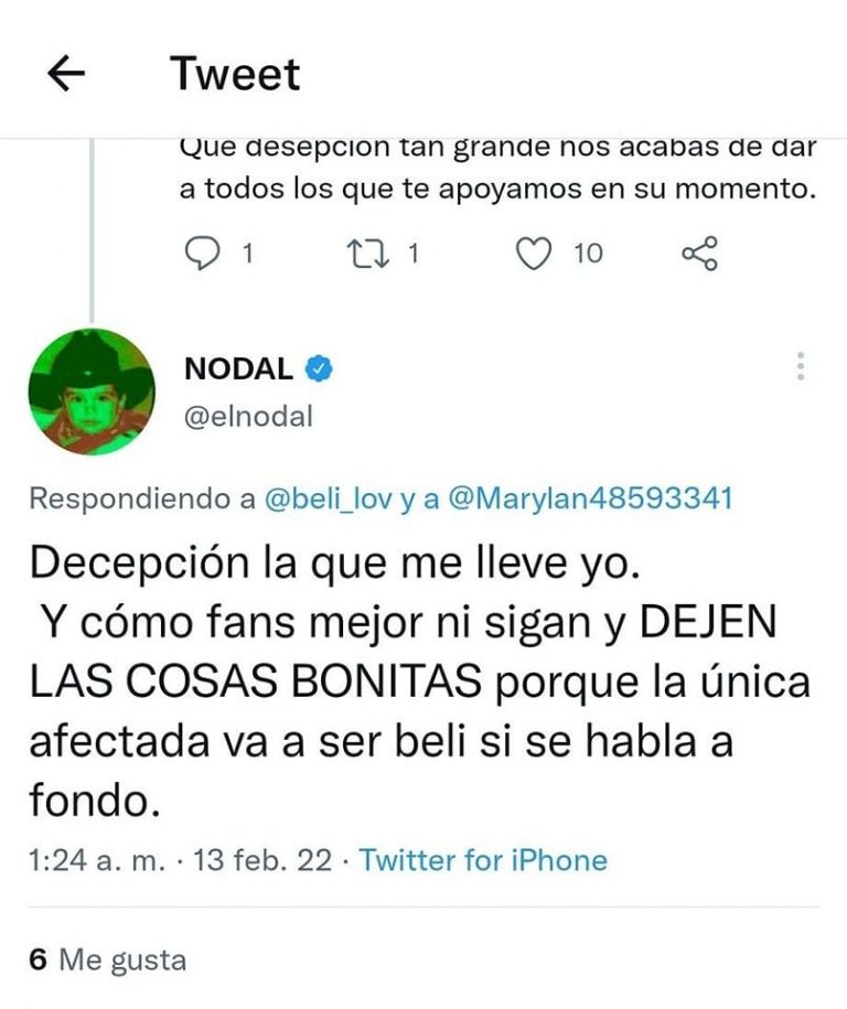 En la imagen, la supuesta respuesta de Nodal a fans de Belinda