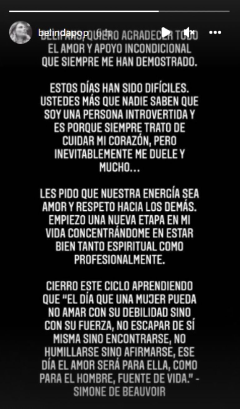 En la imagen, el comunicado de Belinda sobre su ruptura con Christian Nodal