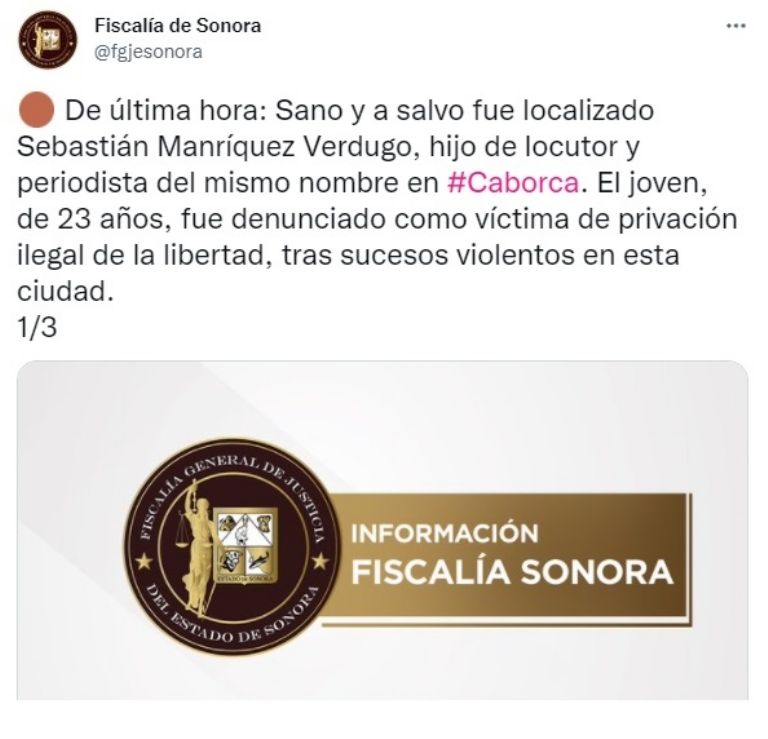 En la imagen, el comunicado de la FGJE sobre el hallazgo de Sebastián