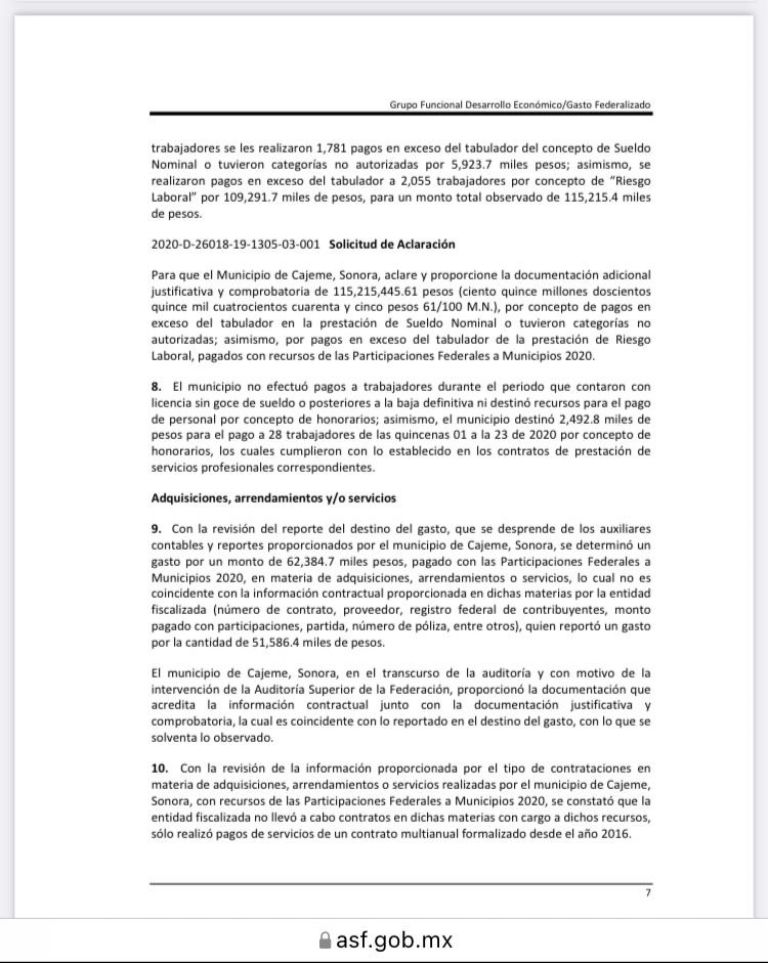 Página del informe individual donde la ASF solicita a Cajeme aclarar y comprobar a dónde fueron los 115 mdp