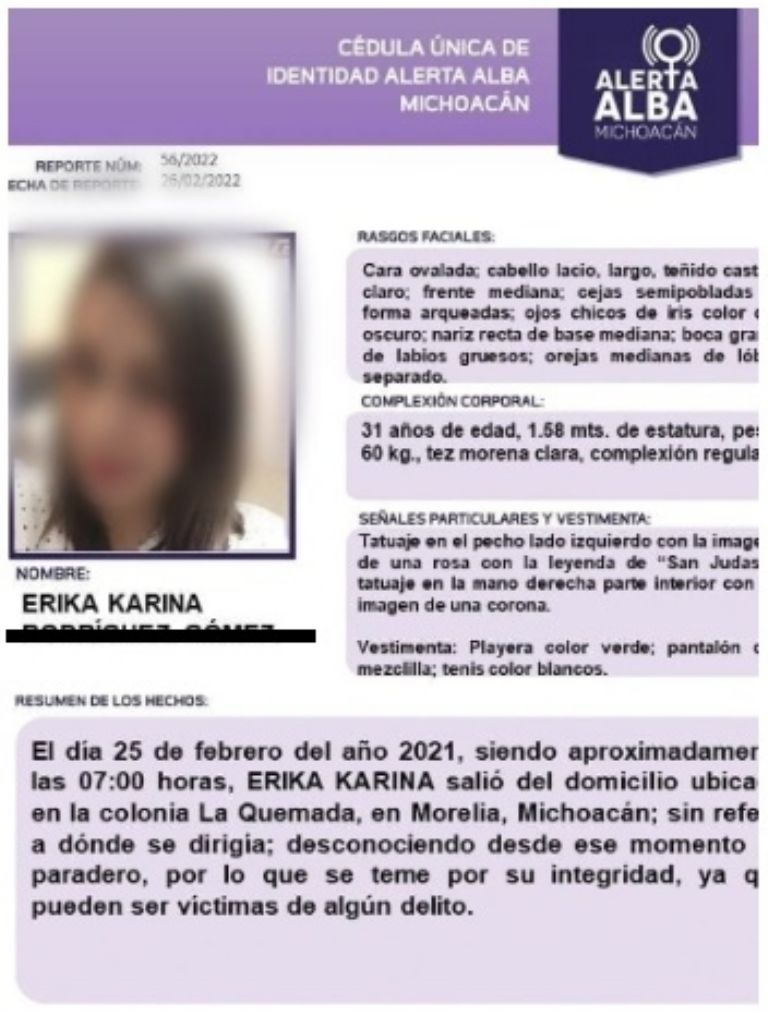 Se emitió la Alerta Alba por la desaparición de Erika Karina en Morelia, Michoacán