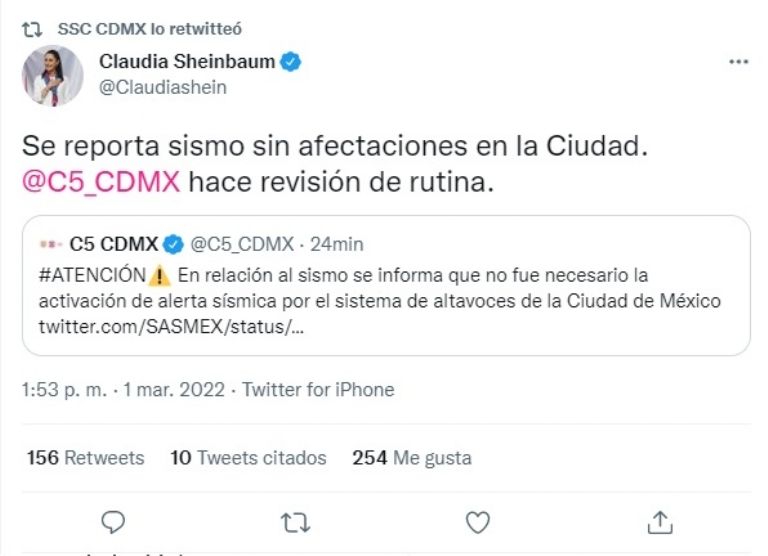 Sismo en CDMX no habría dejado afectaciones, aseguró la jefa de Gobierno
