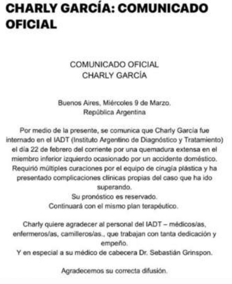 En la imagen, comunicado por la salud de Charly García