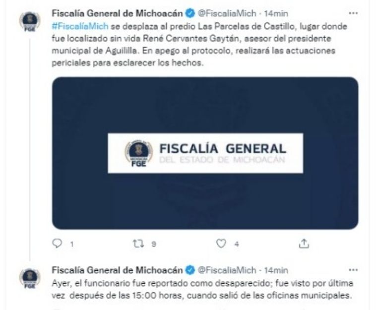 En la imagen, la Fiscalía General de Justicia del Estado de Michoacán confirma la muerte de René Cervantes