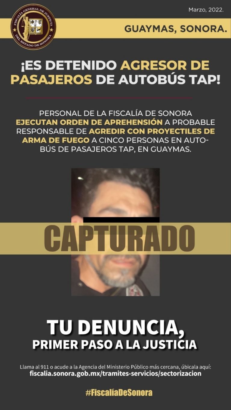 En la imagen, el presunto gatillero que disparó contra pasajeros de un autobús en Guaymas