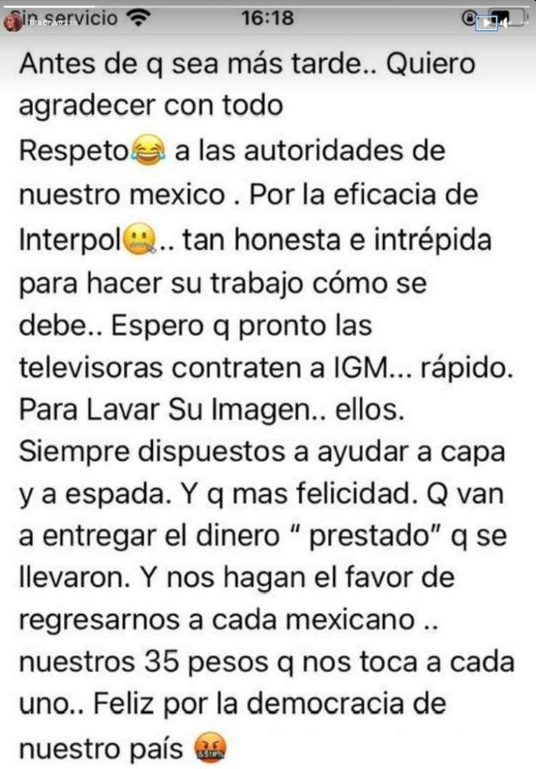 En la imagen, el mensaje publicado por la exsuegra de Inés Gómez Mont