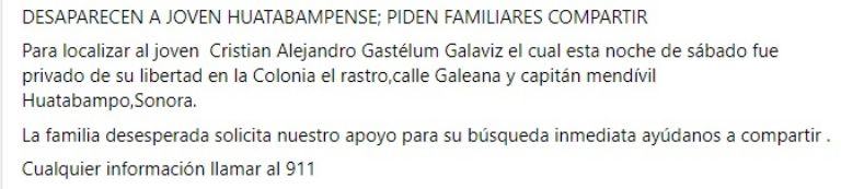 A través de redes sociales se pide ayuda para localizar a Cristian Alejandro, joven que habría sido 'levantado' en Sonora