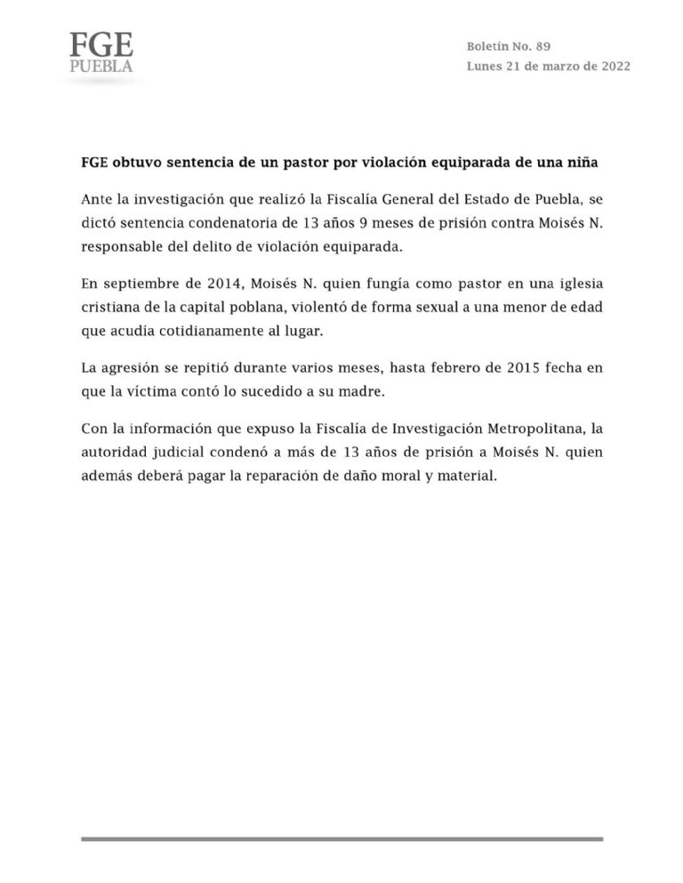 En la imagen, el comunicado de la FGE sobre la condena al pastor de Puebla acusado de violación