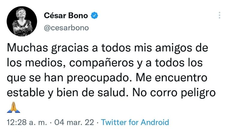 En la imagen, el comunicado de César Bono sobre su estado de salud