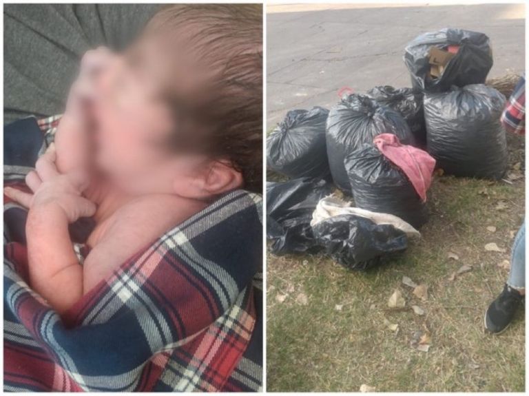 En la imagen, hallan a bebé recién nacida en bolsas de basura, en Argentina