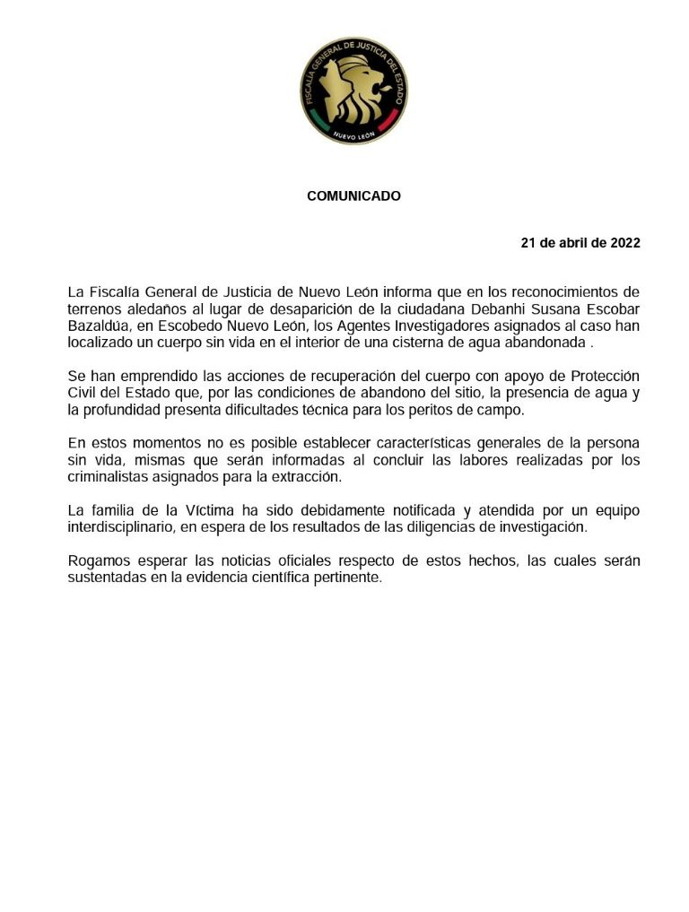 En la imagen, el comunicado que compartió la FGJE sobre el caso de Debanhi Escobar