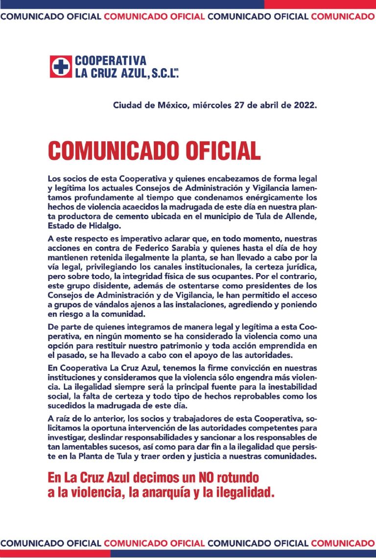 En la imagen, el comunicado del Cruz Azul tras enfrentamiento en Tula