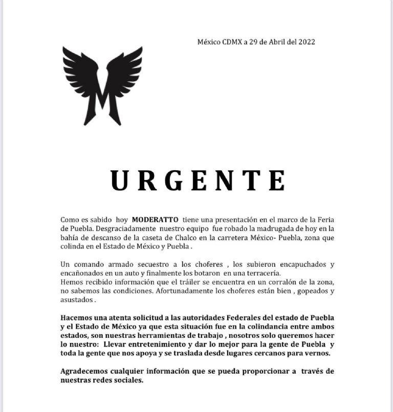 En la imagen, Moderatto denuncia atraco.