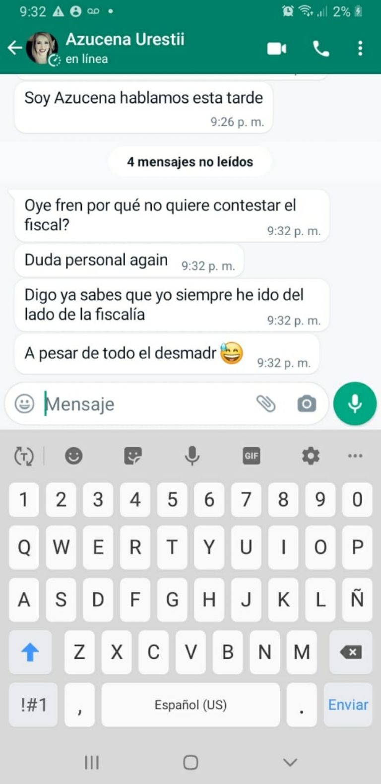 En la imagen, los supuestas mensajes que Azucena Uresti envió al padre de Debanhi Escobar.
